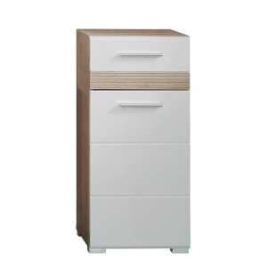 Seon Floor Bathroom Storage Cabinet In Gloss White Light Oak - UK