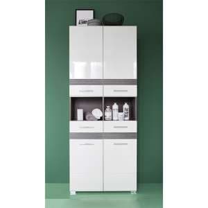 Seon Large Bathroom Storage Cabinet In Gloss White Smoky Silver - UK