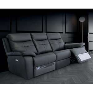 Sotra Faux Leather Electric Recliner 3 Seater Sofa In Charcoal - UK