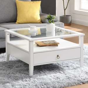 Stanley Square Glass Coffee Table With 2 Drawers In White - UK