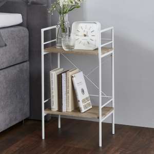 Stockton Metal Side Table In White With 2 Oak Wooden Shelves - UK