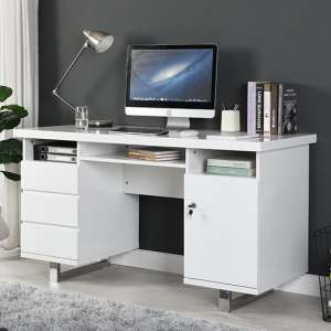 Sydney High Gloss Computer Desk In White With 3 Drawers - UK