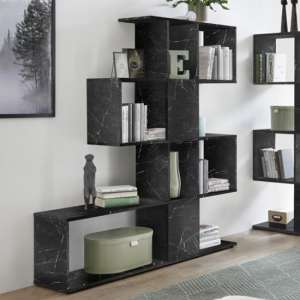 Taze Wooden Shelving Bookcase In Matt Black Marble Effect - UK