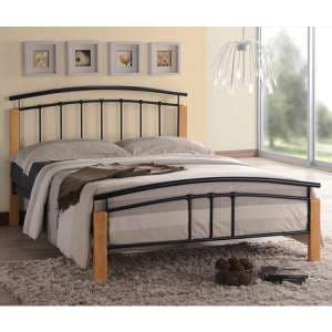 Tetron Metal Double Bed In Black With Beech Wooden Posts - UK