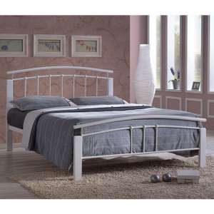 Tetron Metal Double Bed In White With White Wooden Posts - UK