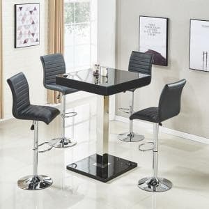 Topaz Glass Black Gloss Bar Table With 4 Ripple Black Stools - UK