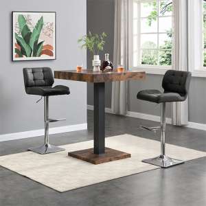 Topaz Rustic Oak Wooden Bar Table With 2 Candid Black Stools - UK