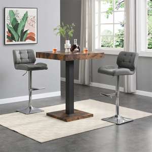 Topaz Rustic Oak Wooden Bar Table With 2 Candid Grey Stools - UK
