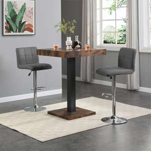 Topaz Rustic Oak Wooden Bar Table With 2 Coco Grey Stools - UK