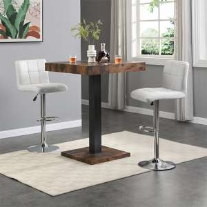 Topaz Rustic Oak Wooden Bar Table With 2 Coco White Stools - UK