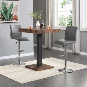 Topaz Rustic Oak Wooden Bar Table With 2 Ripple Grey Stools - UK