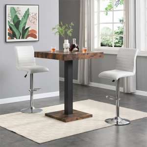 Topaz Rustic Oak Wooden Bar Table With 2 Ripple White Stools - UK