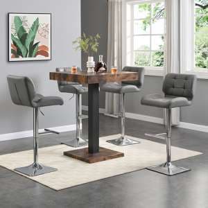 Topaz Rustic Oak Wooden Bar Table With 4 Candid Grey Stools - UK