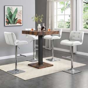 Topaz Rustic Oak Wooden Bar Table With 4 Candid White Stools - UK