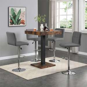 Topaz Rustic Oak Wooden Bar Table With 4 Coco Grey Stools - UK