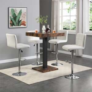 Topaz Rustic Oak Wooden Bar Table With 4 Coco White Stools - UK