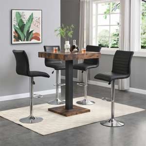 Topaz Rustic Oak Wooden Bar Table With 4 Ripple Black Stools - UK