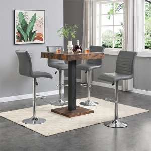 Topaz Rustic Oak Wooden Bar Table With 4 Ripple Grey Stools - UK
