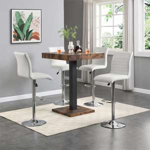 Topaz Rustic Oak Wooden Bar Table With 4 Ripple White Stools - UK