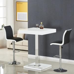 Topaz White High Gloss Bar Table With 2 Ritz Black White Stools - UK