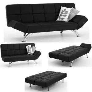 Venice Faux Leather Sofa Bed In Black With Chrome Metal Legs - UK