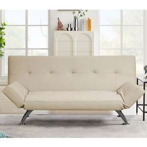 Venice Faux Leather Sofa Bed In Cream With Chrome Metal Legs - UK