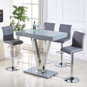 Vienna Grey High Gloss Bar Table With 4 Ripple Grey Stools - UK