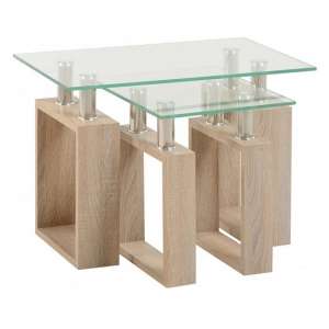 Medrano Clear Glass Nest Of Tables With Sonoma Oak Legs - UK