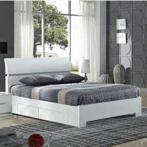 Walvia Wooden Double Bed In White High Gloss With 4 Drawers - UK