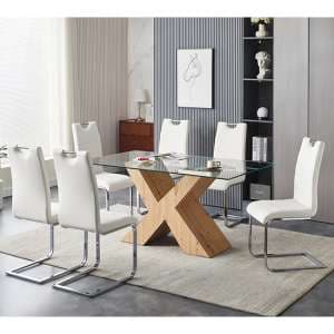 Zanti Glass Dining Table In Oak Base 6 Petra White Chairs - UK