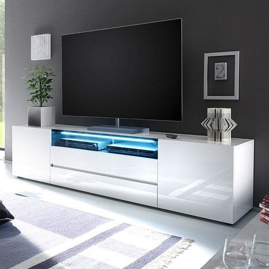Genie Wide High Gloss TV Stand In White With LED Lighting_1