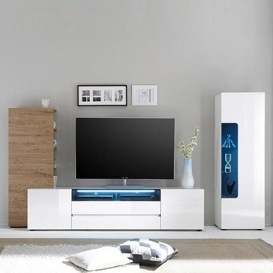 Genie Wide High Gloss TV Stand In White With LED Lighting_4