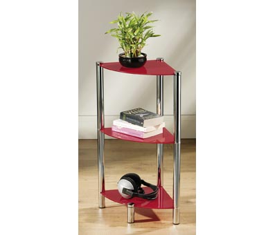 3 Tier Corner Shelf Unit - Red Glass and Chrome Frame