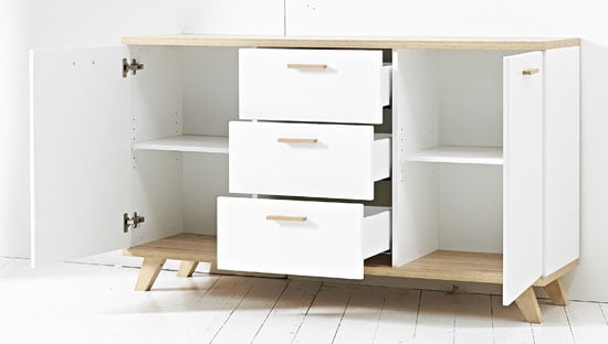 Ohio Sideboard In White And Solid Oak With 2 Doors And 3 Drawers