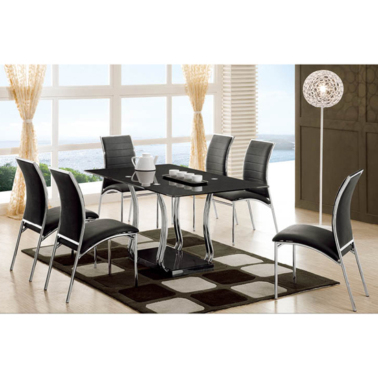 Cosmo Rectangle Black Glass Dining Table + 4 Chairs