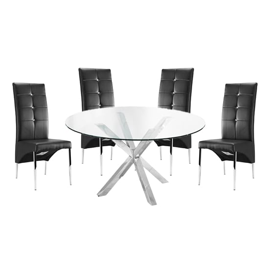 Product photograph of Crossley Round Glass Dining Table With 4 Vesta Black Chairs from Furniture in Fashion