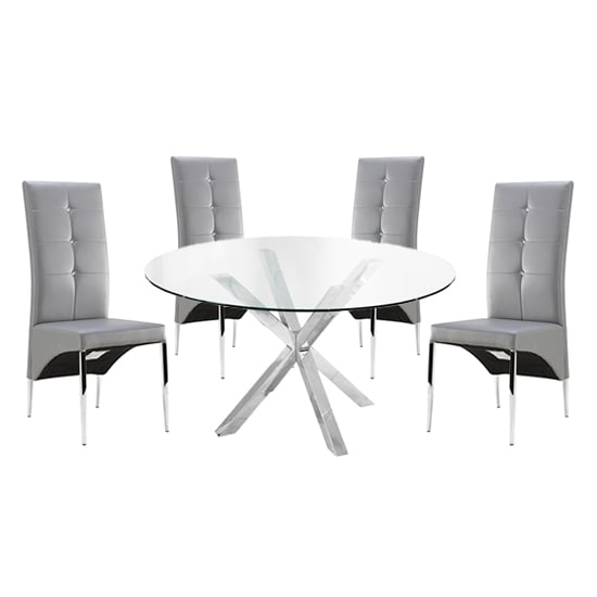 Product photograph of Crossley Round Glass Dining Table With 4 Vesta Grey Chairs from Furniture in Fashion