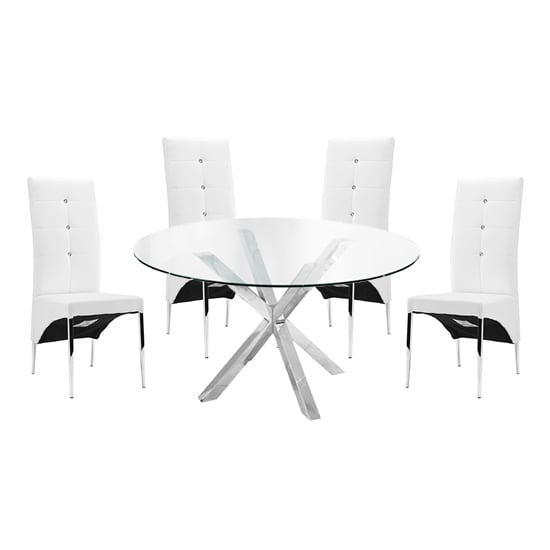 Product photograph of Crossley Round Glass Dining Table With 4 Vesta White Chairs from Furniture in Fashion
