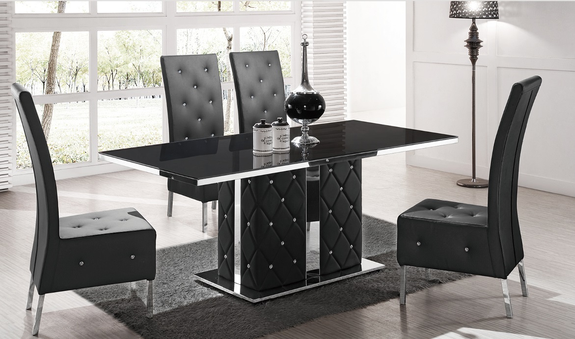 Levo High Glass Dining Table In Black With Rhinestone