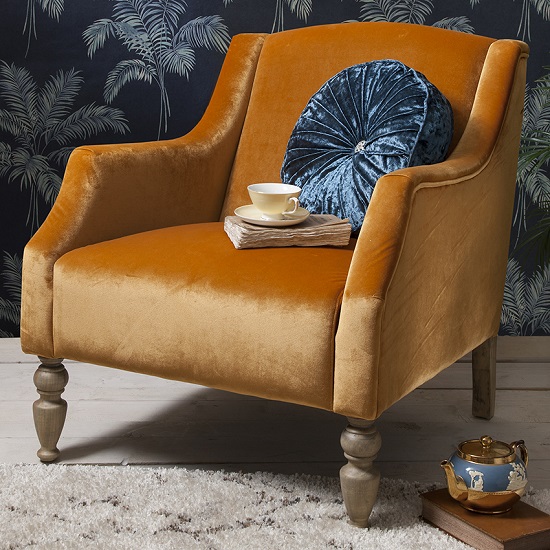 Marisa Arm Chair In Mustard Velvet Fabric With Wooden Legs 2
