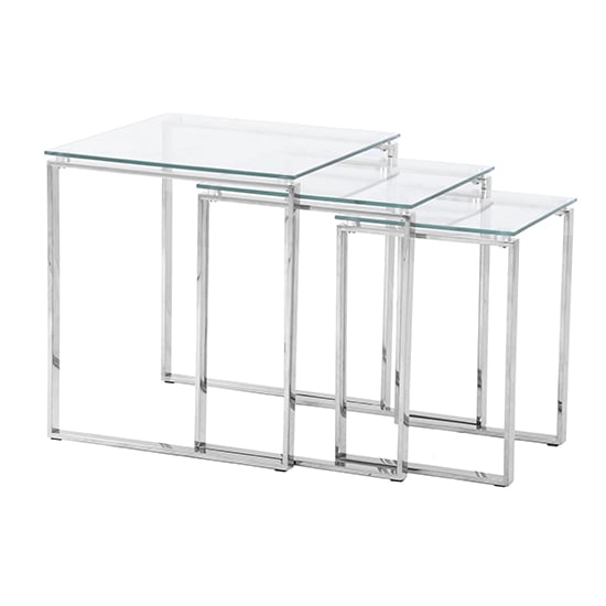 Product photograph of Megan Clear Glass Nest Of 3 Tables With Chrome Legs from Furniture in Fashion