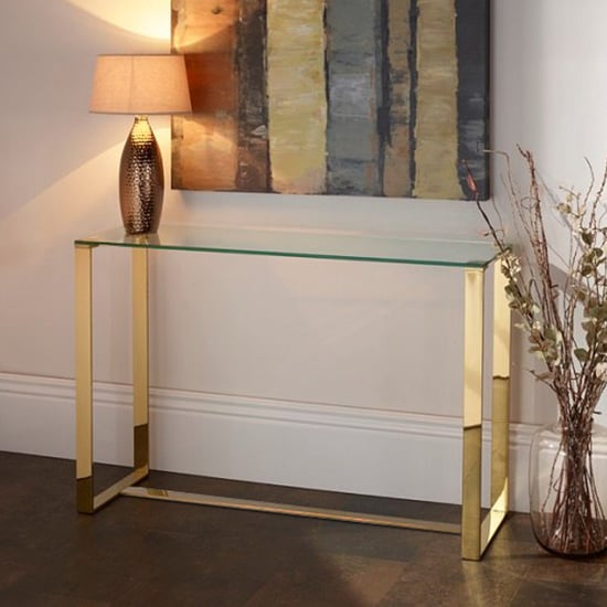 Product photograph of Megan Clear Glass Rectangular Console Table With Gold Legs from Furniture in Fashion