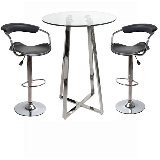 Poseur Glass Top Bar Table with 2 Black Contempo Bar Stools