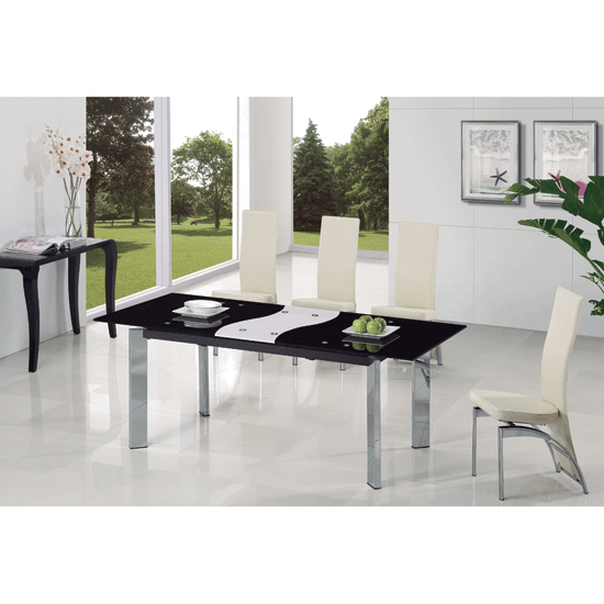 Roma Black And Milky Glass Extending Dining Table And 6