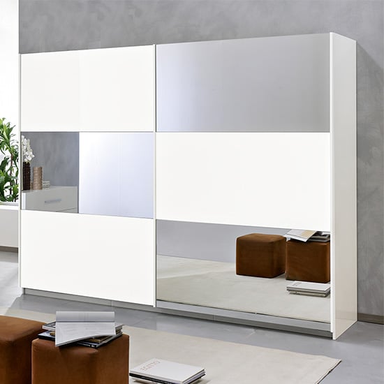Product photograph of Abby Large Mirrored Sliding Wooden Wardrobe In White from Furniture in Fashion