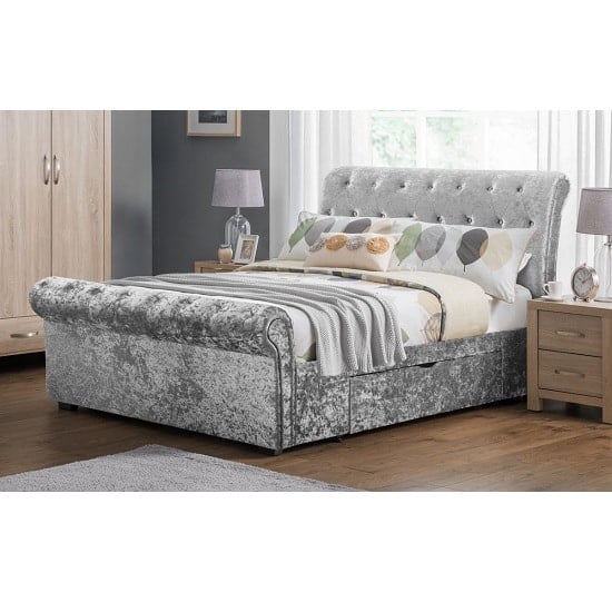 Valora Double Bed In Silver Crushed Velvet With 2 Drawers