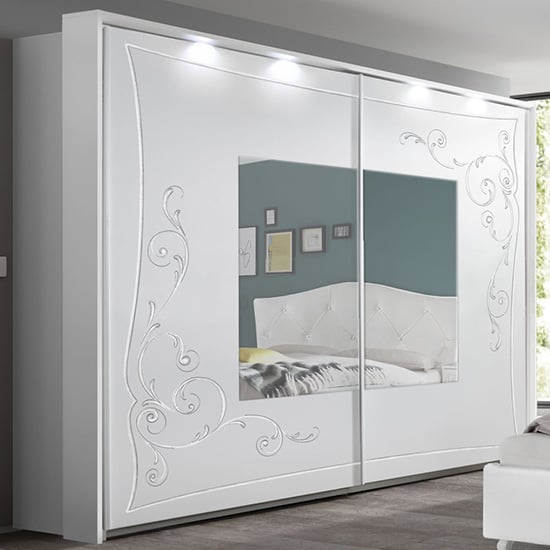 Product photograph of Agio Led Mirroed Wooden Wardrobe In Serigraphed White from Furniture in Fashion