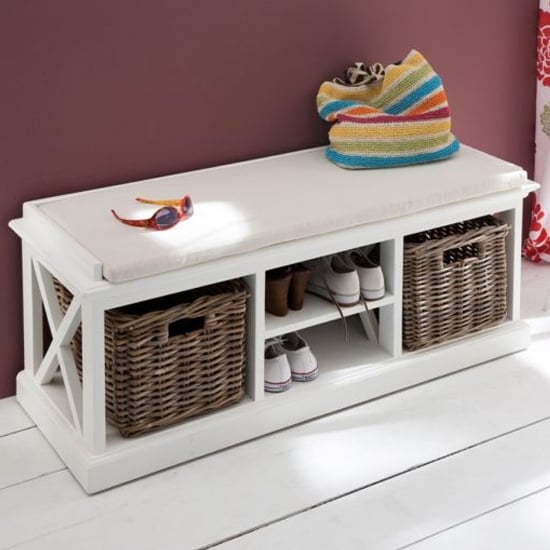 Product photograph of Allthorp Hallway Bench With Basket Set In Classic White from Furniture in Fashion