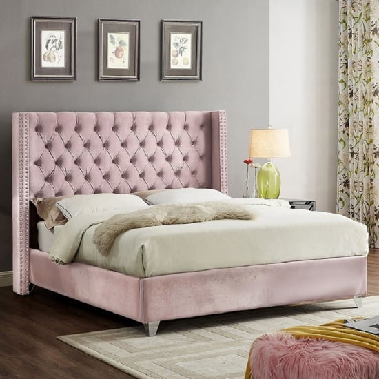 Product photograph of Apopka Plush Velvet Upholstered Double Bed In Pink from Furniture in Fashion