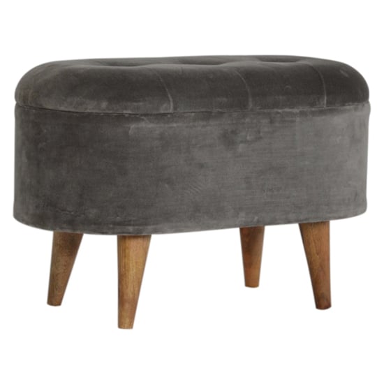 Product photograph of Aqua Velvet Curved Storage Footstool In Grey Tweed And Oak Ish from Furniture in Fashion